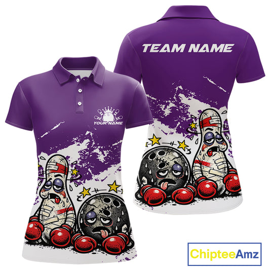 Front and back view of a women’s polo shirt mockup in purple and white, featuring cartoon boxing bowling ball and pin artwork.