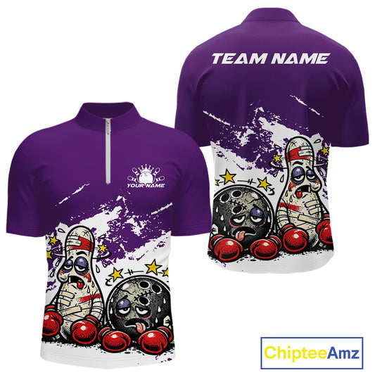 Front and back view of a men’s quarter-zip bowling shirt mockup in purple and white, featuring funny boxing bowling ball and pin illustration.