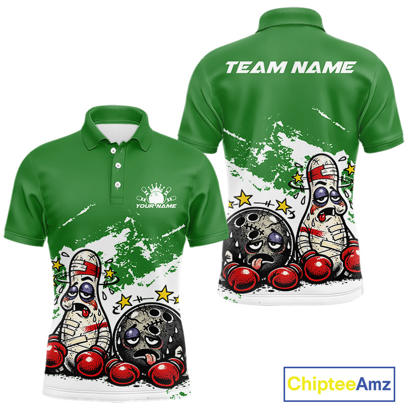 Front and back view of a men’s polo shirt mockup in green and white, featuring cartoon boxing-style bowling ball and pin illustrated as beaten-up boxers.