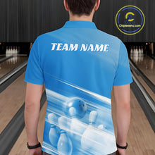 Load image into Gallery viewer, Back view of a male model in a bowling lane wearing a blue bowling polo shirt with bowling ball and pins geometric artwork.