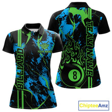 Load image into Gallery viewer, Front and back women’s polo shirt mockup featuring a flaming billiard 8 ball motif over a blue and green abstract background.