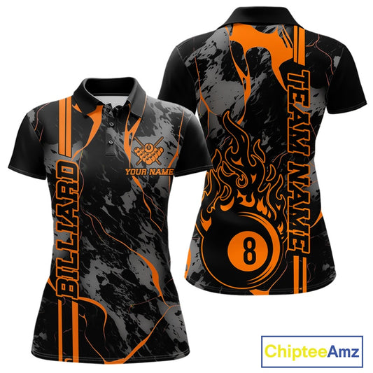 Women’s polo shirt mockup shown front and back with flaming billiard 8 ball graphics on a blue and green abstract background.
