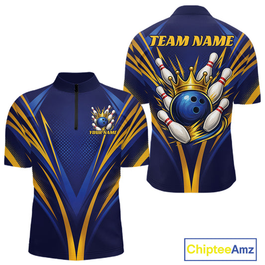 Custom Blue And Gold Crowned Bowling Ball Bowling King Bowling Team Men Quarter Zip Shirt IPHW11810