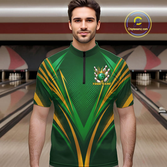 Custom Green And Gold Crowned Bowling Ball Bowling King Bowling Team Men Quarter Zip Shirt IPHW11811