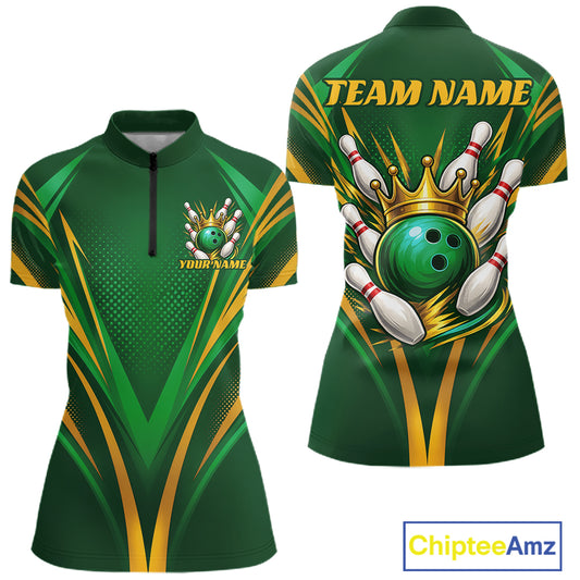 Custom Green And Gold Crowned Bowling Ball Bowling Queen Team Women Quarter-Zip Shirt IPHW11811