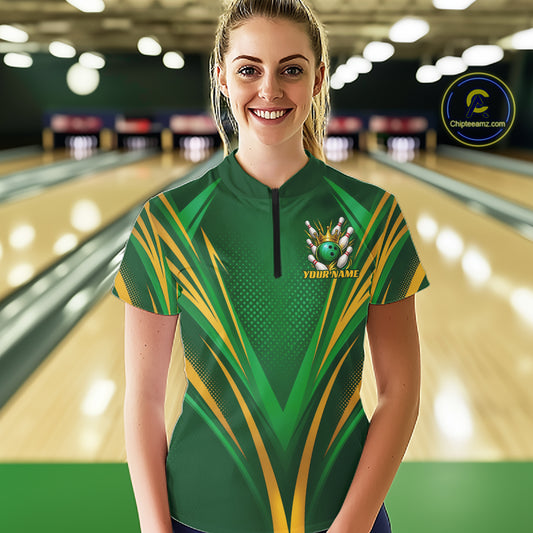 Custom Green And Gold Crowned Bowling Ball Bowling Queen Team Women Quarter-Zip Shirt IPHW11811