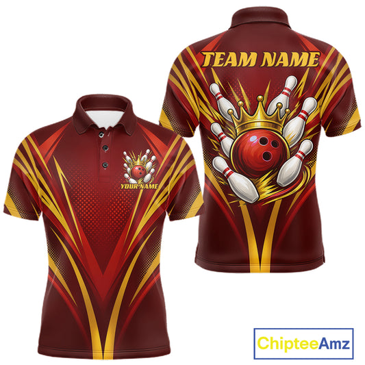 Custom Red And Gold Crowned Bowling Ball Bowling King Bowling Team Men Polo Shirt IPHW11813