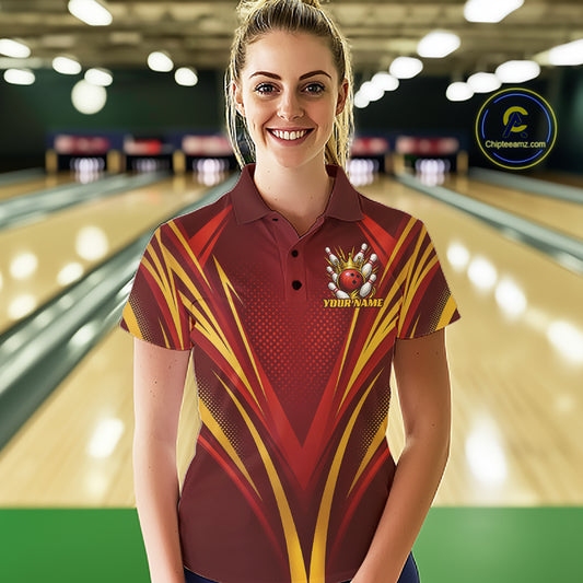 Custom Red And Gold Crowned Bowling Ball Bowling Queen Bowling Team Women Polo Shirt IPHW11813