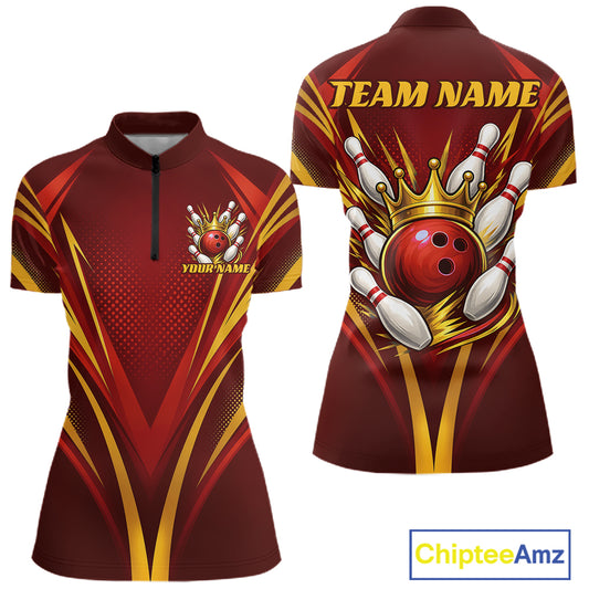 Custom Red And Gold Crowned Bowling Ball Bowling Queen Team Women Quarter-Zip Shirt IPHW11813