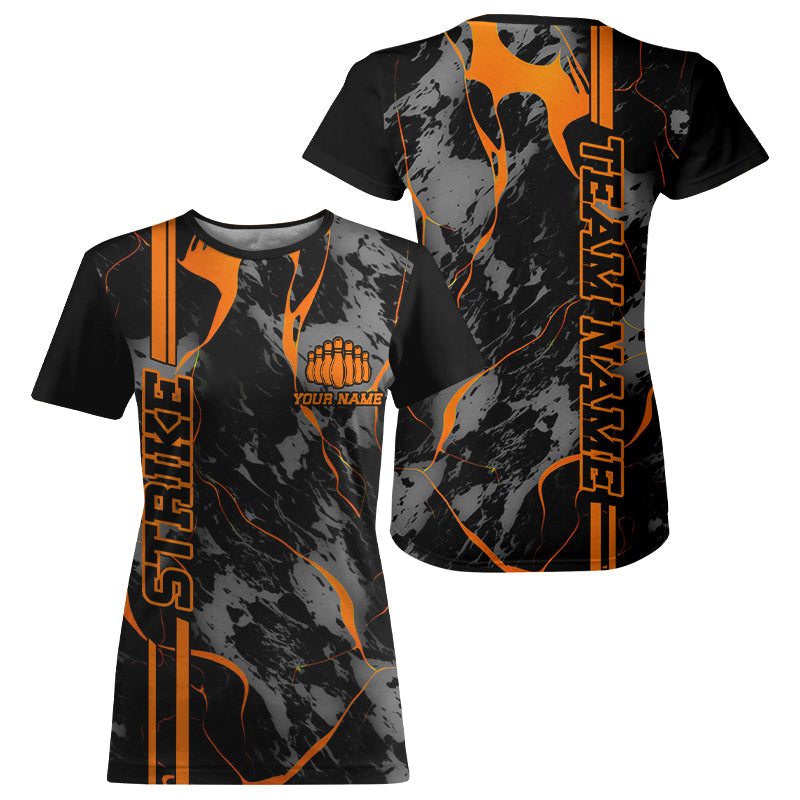 Custom Orange Strike Bowling T-Shirts For Women, Orange Camo Bowling Team Jerseys IPHW5385