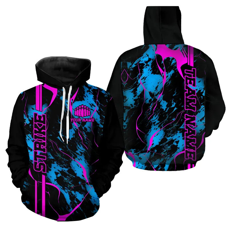 Custom Blue And Pink Strike Bowling Hoodie Shirts For Men And Women Camo Bowling Team Jerseys Bowling League IPHW5387