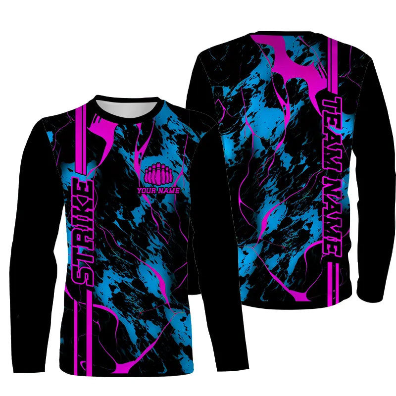 Custom Blue And Pink Strike Bowling Long Sleeve Shirts For Men Camo Bowling Team Jerseys Bowling League IPHW5387