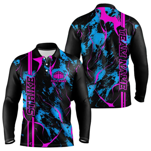 Custom Blue And Pink Strike Bowling Long Sleeve Polo Shirts For Men Camo Bowling Team Jerseys IPHW5387