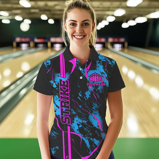 Custom Blue And Pink Strike Bowling Shirts Women Polo Camo Bowling Team Jerseys IPHW5387