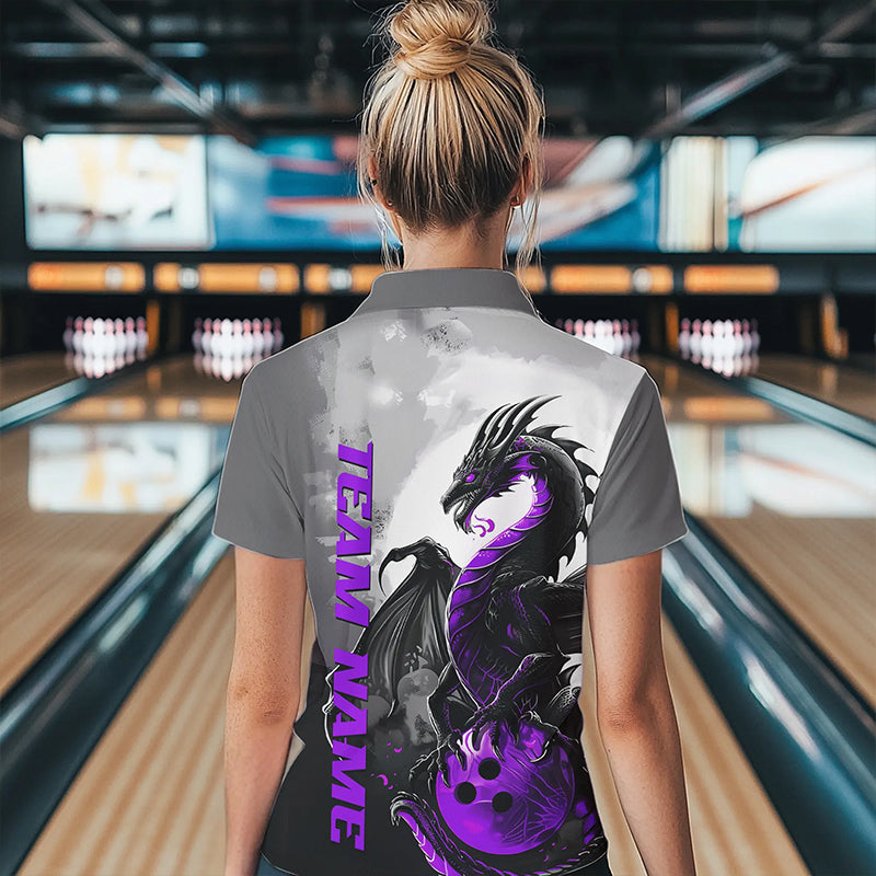 Black And Purple Custom Dragon Bowling Polo Shirts For Women, Dragon Bowling Team Shirts IPHW8817