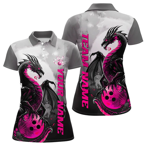 Black And Pink Custom Dragon Bowling Polo Shirts For Women, Dragon Bowling Team Shirts IPHW8818