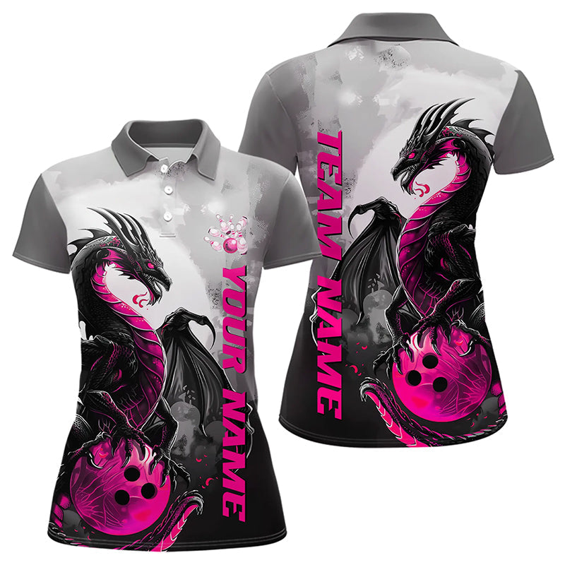 Black And Pink Custom Dragon Bowling Polo Shirts For Women, Dragon Bowling Team Shirts IPHW8818