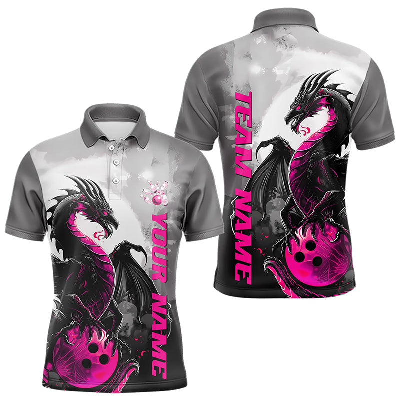 Black And Pink Custom Dragon Bowling Polo Shirts For Men, Dragon Bowling Team Shirts IPHW8818