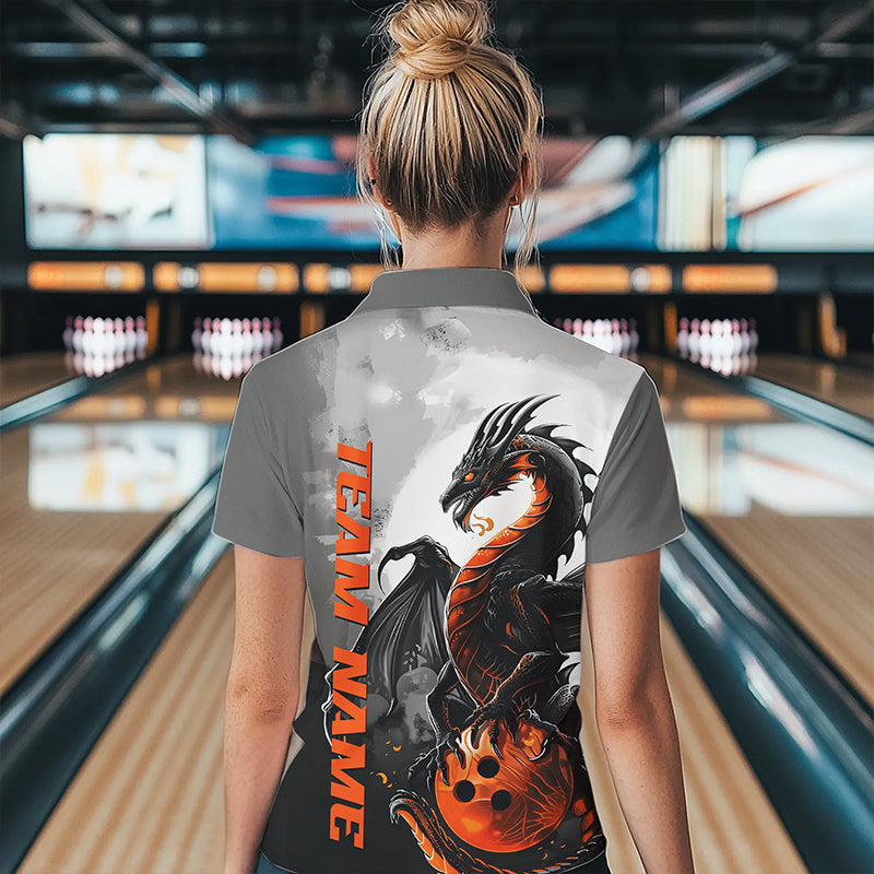 Black And Orange Custom Dragon Bowling Polo Shirts For Women, Dragon Bowling Team Shirts IPHW8819