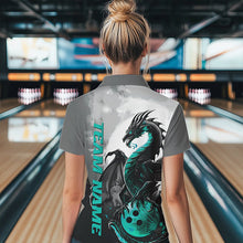 Load image into Gallery viewer, Black And Turquoise Blue Custom Dragon Bowling Polo Shirts For Women, Bowling Team Shirts IPHW8820