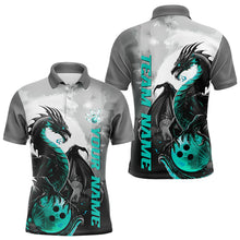 Load image into Gallery viewer, Black And Turquoise Blue Custom Dragon Bowling Polo Shirts For Men, Bowling Team Shirts IPHW8820