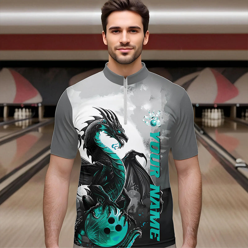Black And Turquoise Blue Custom Dragon Bowling Quarter-Zip Shirts For Men, Bowling Team Shirts IPHW8820