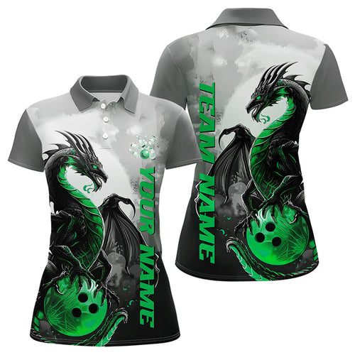 Black And Green Custom Dragon Bowling Polo Shirts For Women, Dragon Bowling Team Shirts IPHW8821