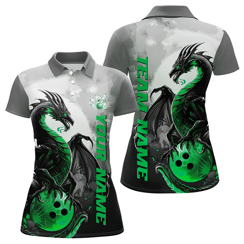 Black And Green Custom Dragon Bowling Polo Shirts For Women, Dragon Bowling Team Shirts IPHW8821