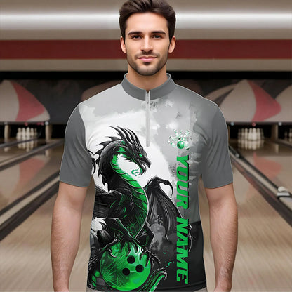 Black And Green Custom Dragon Bowling Quarter-Zip Shirts For Men, Dragon Bowling Team Shirts IPHW8821
