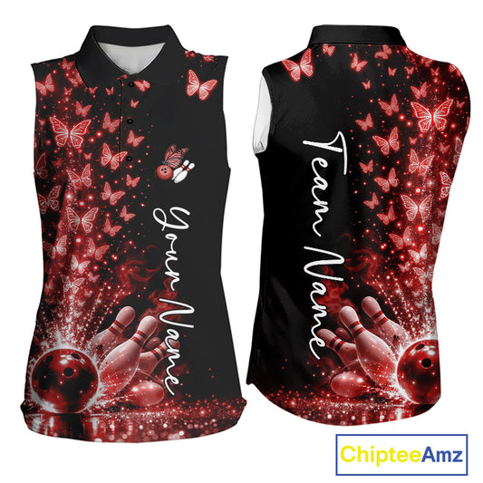 Custom Red Butterfly Women Bowling Sleeveless Polo Shirt, Bowling League Shirt IPHW10907