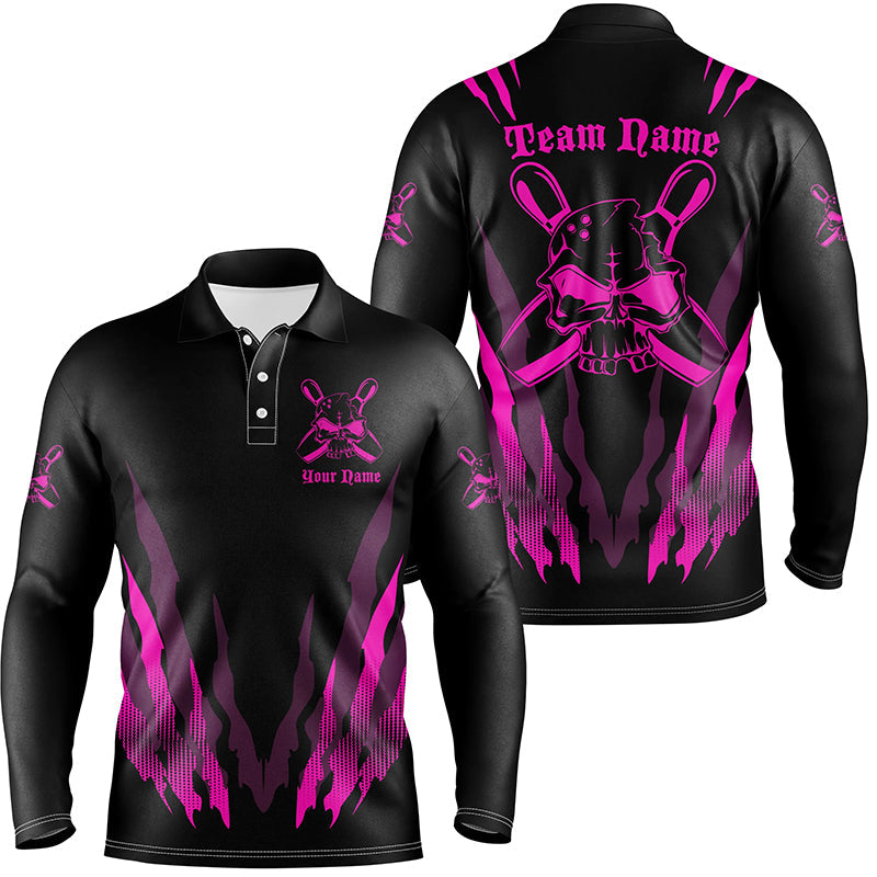 Pink And Black Custom Long Sleeve Bowling Shirts For Men, Skull Bowling Polo Shirt Bowling Uniform IPHW4485