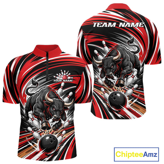 Custom Black And Red Angry Bull Bowling Jerseys, Bowling Team League Men Quarter Zip Shirt IPHW11818