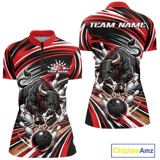 Custom Black And Red Angry Bull Bowling Jerseys, Bowling Team Women Quarter-Zip Shirt IPHW11818
