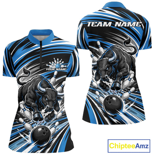 Custom Black And Blue Angry Bull Bowling Jerseys, Bowling Team Women Quarter-Zip Shirt IPHW11819