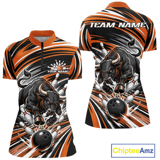 Custom Black And Orange Angry Bull Bowling Jerseys, Bowling Team Women Quarter-Zip Shirt IPHW11820