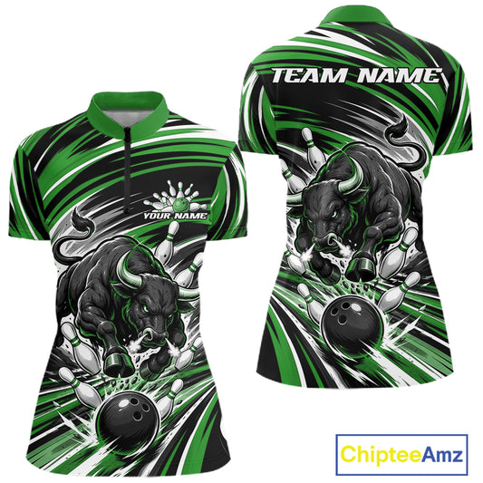 Custom Black And Green Angry Bull Bowling Jerseys, Bowling Team Women Quarter-Zip Shirt IPHW11821