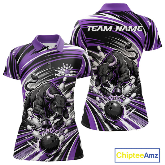 Custom Black And Purple Angry Bull Bowling Jerseys, Bowling Team League Women Polo Shirt IPHW11822