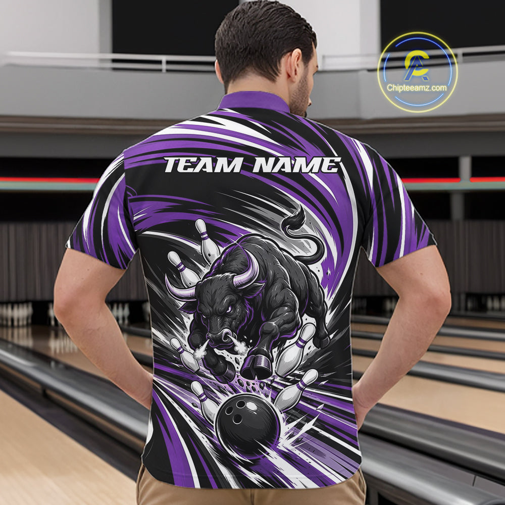Custom Black And Purple Angry Bull Bowling Jerseys, Bowling Team League Men Quarter Zip Shirt IPHW11822