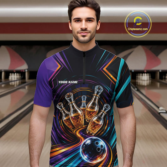 Custom Colorful Wine Bowling Men Quarter Zip Shirts, Wine Lovers Bowling Team Jersey IPHW11829