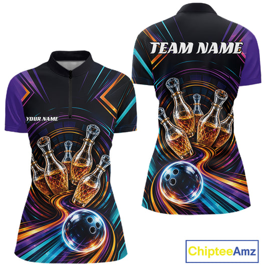 Custom Colorful Wine Bowling Women Quarter-Zip Shirts, Wine Lovers Bowling Team Jersey IPHW11829