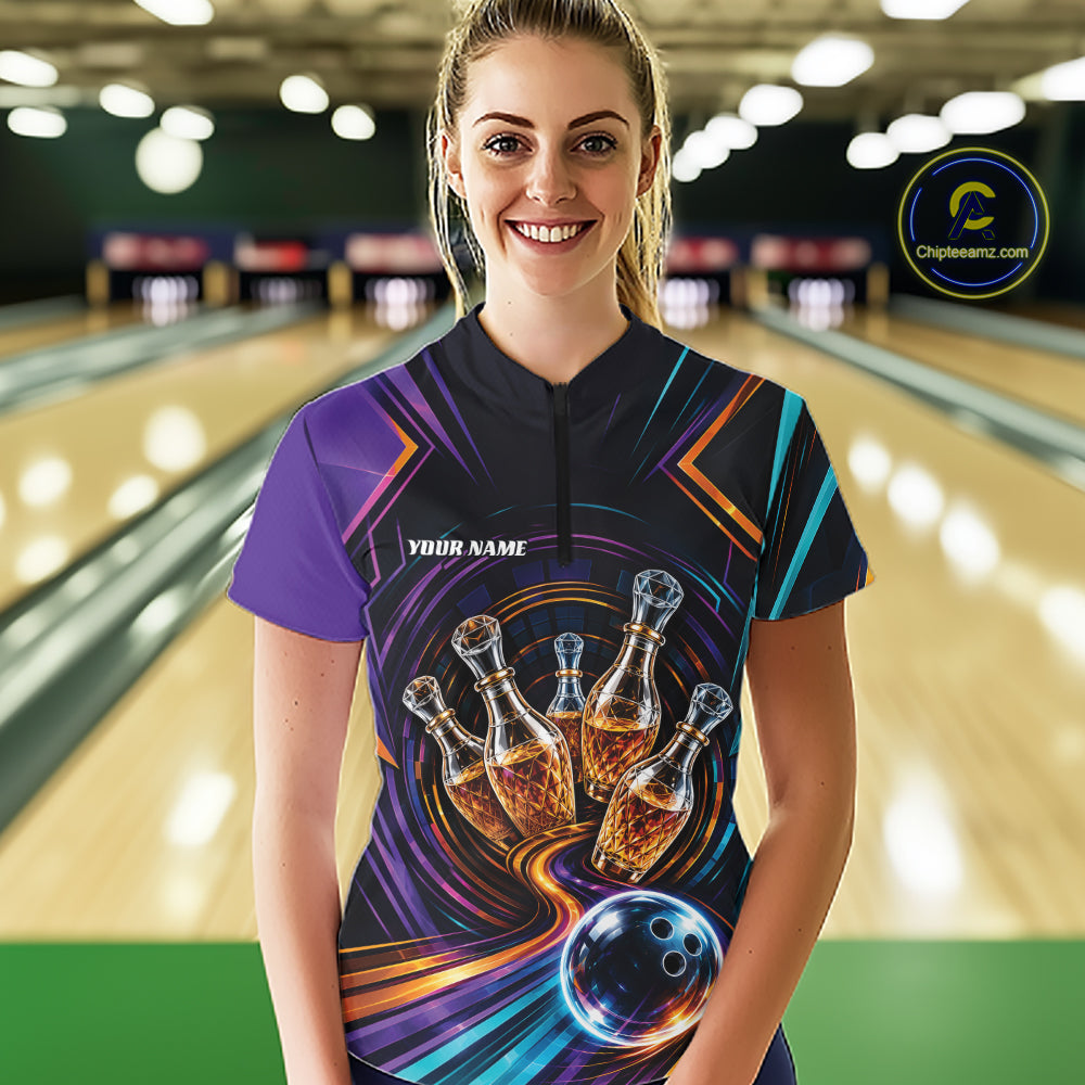 Custom Colorful Wine Bowling Women Quarter-Zip Shirts, Wine Lovers Bowling Team Jersey IPHW11829