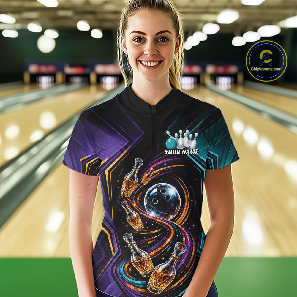 Custom Colorful Wine Bowling Women Quarter-Zip Shirts, Wine Lovers Bowling Team Jersey IPHW11830
