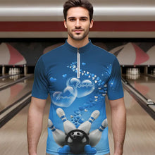 Load image into Gallery viewer, Blue Heart Theme Custom Valentines Bowling Quarter-Zip Shirts For Men, Couple Bowling Shirt IPHW8345