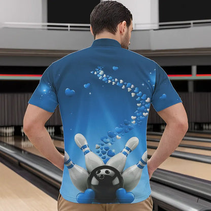 Blue Heart Theme Custom Valentines Bowling Quarter-Zip Shirts For Men, Couple Bowling Shirt IPHW8345