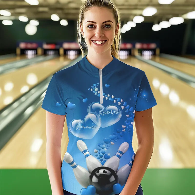Blue Heart Theme Custom Valentines Bowling  Womens Quarter-Zip Shirts, Couple Bowling Shirt IPHW8345