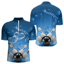 Load image into Gallery viewer, Blue Heart Theme Custom Valentines Bowling Quarter-Zip Shirts For Men, Couple Bowling Shirt IPHW8345