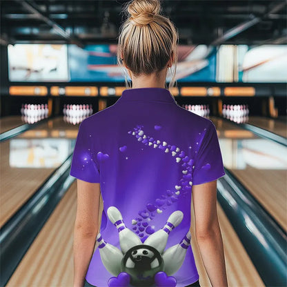 Purple Heart Theme Custom Valentines Bowling Polo Shirts For Women, Couple Bowling Shirt IPHW8346