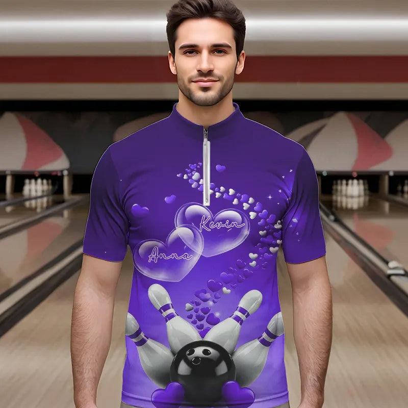 Purple Heart Theme Custom Valentines Bowling Quarter-Zip Shirts For Men, Couple Bowling Shirt IPHW8346
