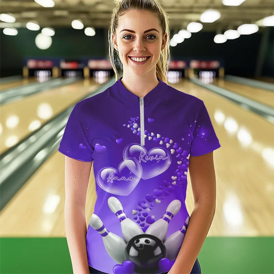 Purple Heart Theme Custom Valentines Bowling Womens Quarter-Zip Shirt, Couple Bowling Shirt IPHW8346