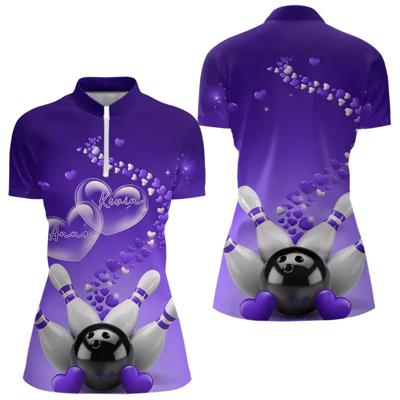 Purple Heart Theme Custom Valentines Bowling Womens Quarter-Zip Shirt, Couple Bowling Shirt IPHW8346